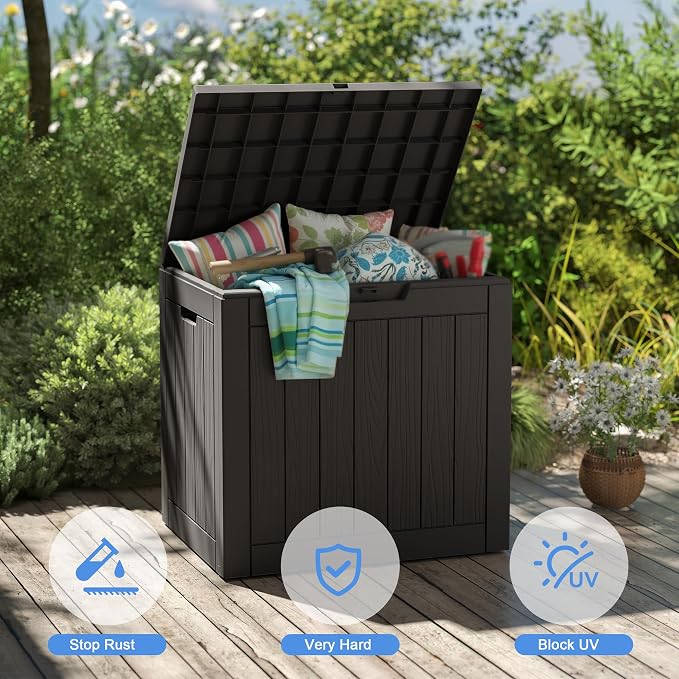35 Gallon Outdoor Deck Storage Box, Weatherproof Lockable Patio Storage Bin for Poolside, Backyard, Lawn & Outdoor Compact Space (Black,35GAL)