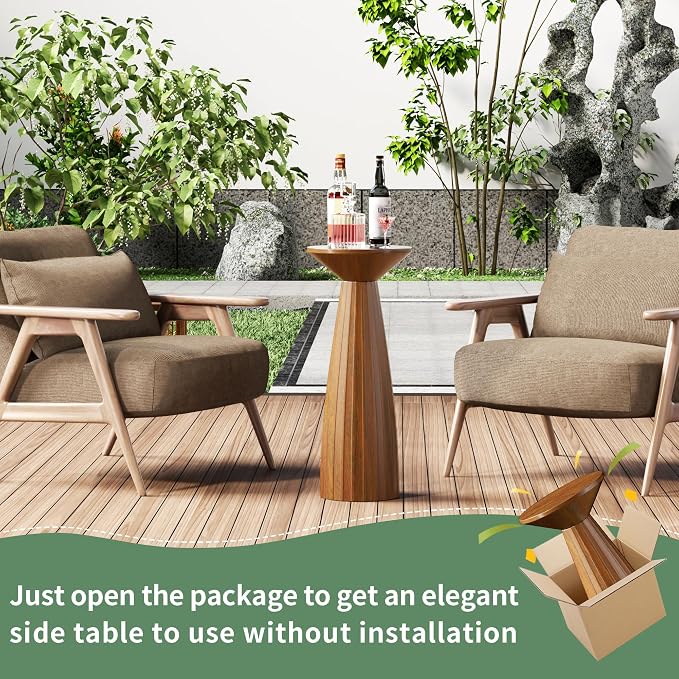 Modern Patio Side Table, Mid-Century Metal Outdoor End Table, Pedestal Round Accent Table for Poolside, Balcony & Living Room, Weather Resistant, No Assembly Required, Brown