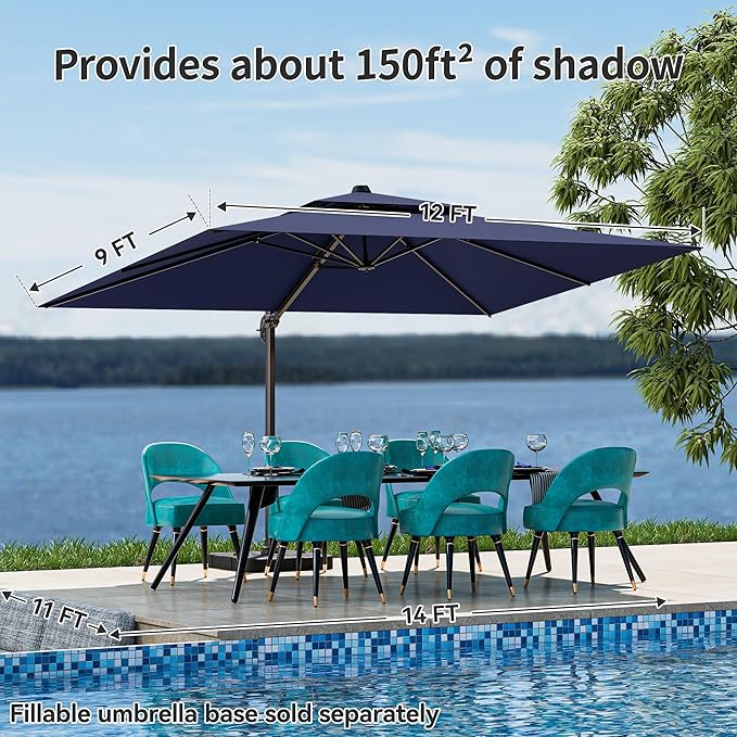 9x12FT Navy Blue Cantilever Outdoor Patio Umbrella with Base, Large Rectangular Offset Design, Double Top Heavy Duty Aluminum Frame & 360° Rotation for Pool Garden Deck Backyard