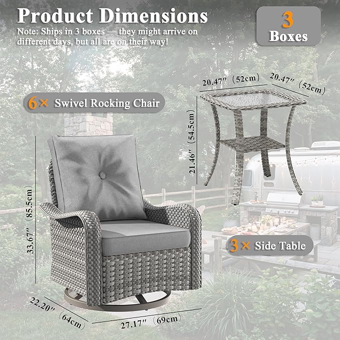 9 Piece Wicker Patio Furniture Set, Swivel Rocking Chairs with 4''Cushions, PE Rattan, Rust Resistant Frame, Double Layer Glass Side Table, for Backyard, Deck or Balcony, Grey
