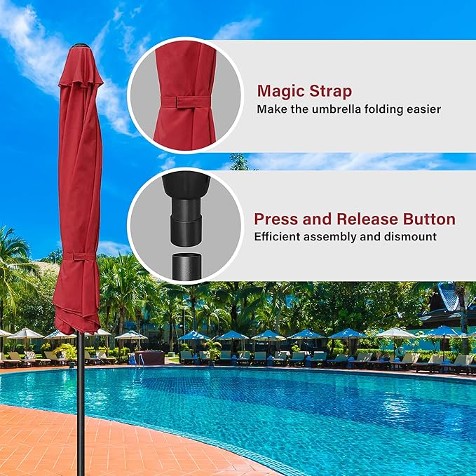 HealSmart 2pcs 9ft Patio Umbrella with Push Button Tilt/Crank, Outdoor Table Market Yard Umbrella with 8 Sturdy Ribs for Garden, Backyard, Deck, Pool, Red