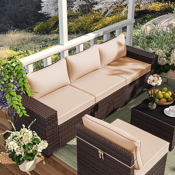 7 Pieces Outdoor Patio Furniture Set Wicker Sectional Sofa with Cushions & Tea Table Patio Rattan Conversation Chair Sofa Set Beige