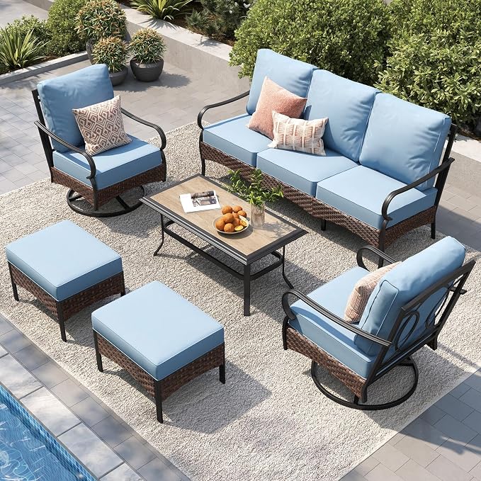PHI VILLA Patio Furniture Set, Upgraded Wicker & Metal Modern Outdoor Conversation Sets Patio Sectional Swivel Chair Set with Coffee Table & Waterproof Thick Cushions for Porch, Deck(6 Pieces, Blue)