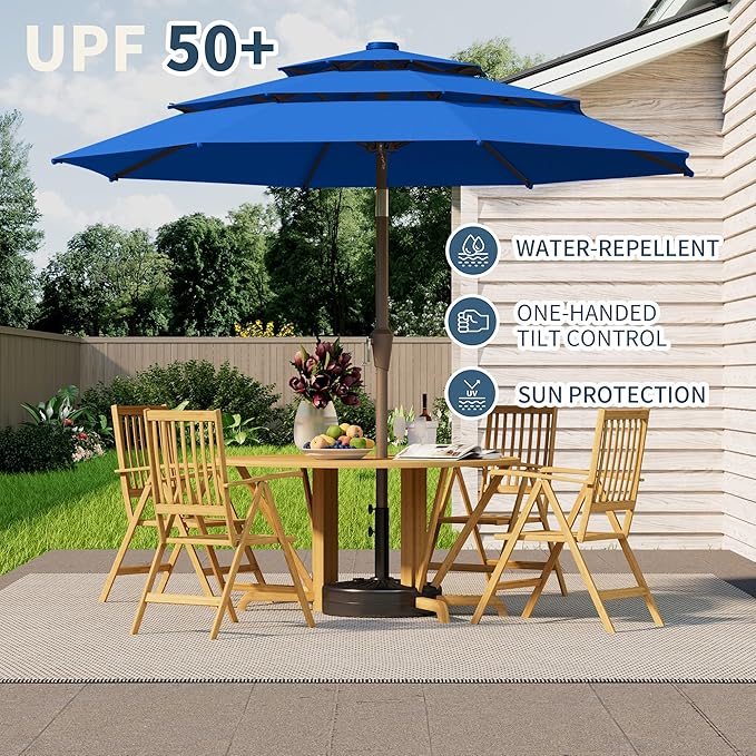 9FT 3 Tiers Patio Umbrella With Auto Tilt And Crank, Outdoor Table Market Umbrella with 8 Sturdy Ribs for Garden, Lawn, Deck, Backyard and Pool