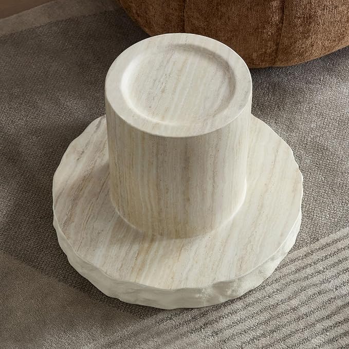 Faux Stone Side Table Faux Marble Round End Table Patio Small Drink Table for Small Spaces, Mrushroom Side Tables with Pedestal, Modern Nightstand for Living Room Bedroom Corners Office,Beige
