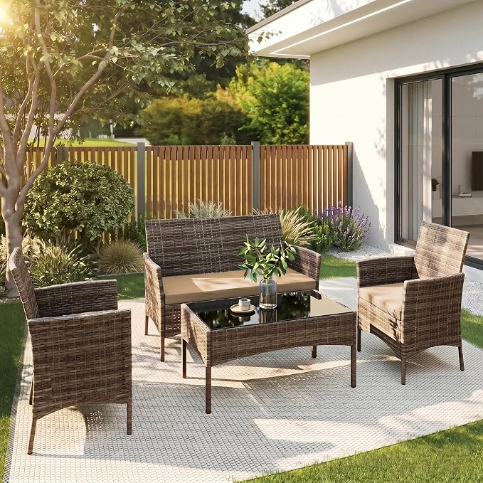 4 Pieces Outdoor Patio Furniture Set, Wicker Patio Conversation Set with Tea Table, All-Weather Outside Rattan Sectional Sofa for Backyard, Poolside, Garden, Balcony, Brown/Beige