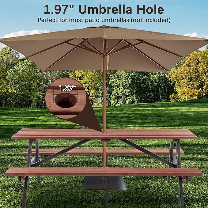 KEIKI 75" Solid Wood Picnic Table Set with Benches, Heavy-Duty Outdoor Dining Table for 6–8 People, Patio Table with Umbrella Hole, Rustic Brown for Backyard, Lawn, 2220lb Capacity, Brown/Black