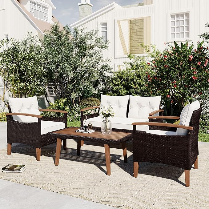 LUMISOL 4 Piece Patio Conversation Set Rattan Chair Set Outdoor Furniture Set with Cushions and Coffee Table for Backyard Porch Poolside, 4-Piece Wicker Patio Furniture Set (Beige)