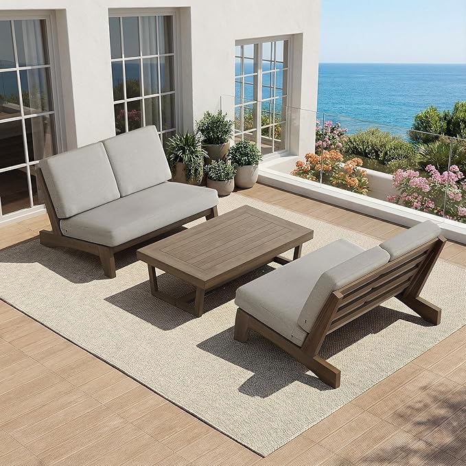 UIXE 2 Pieces All Weather Wood Patio Furniture Sets, Patio Loveseat Outdoor Sofa with Solid Wooden Coffee Table - Light Camel
