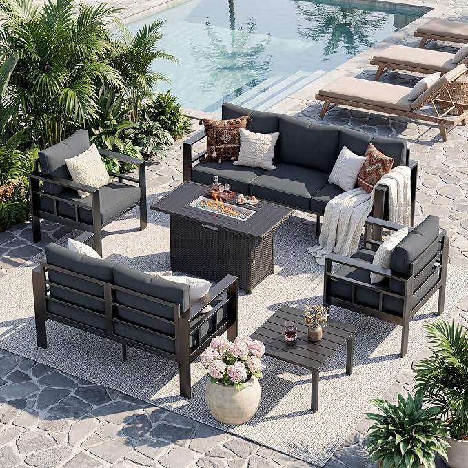 UDPATIO Aluminum Outdoor Furniture Set with Fire Pit Table, 6 Pieces All-Weather & UV-Resistant Patio Sectional Sofa Set for Deck, Backyard, Poolside, Dark Gray