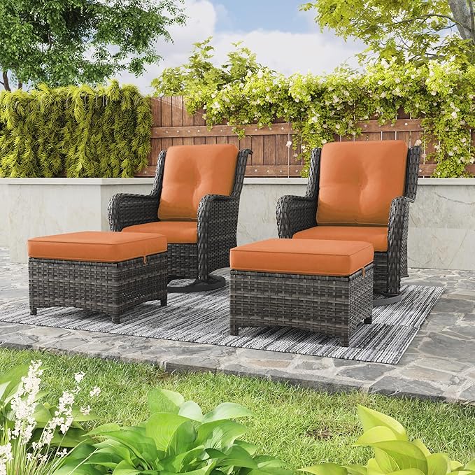 5 Piece Outdoor Patio Furniture Set Wicker Conversation Bistro Set Swivel Rocking Chairs with Side Table and Ottomans for Backyard, Porch, Deck(Mixed Grey/Orange)