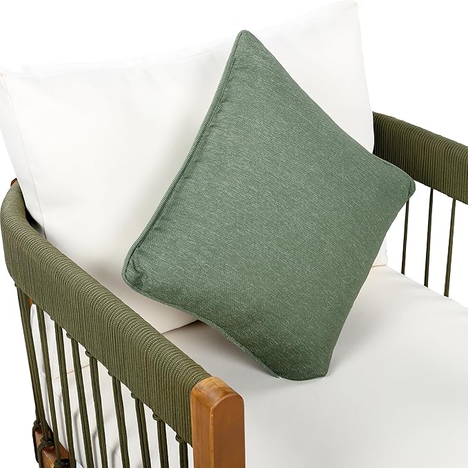 Christopher Knight Home Nadine 3 Pieces Patio Conversation Set, Handwoven Rope Accent Chairs, Acacia Wood Side Table, Tub Shaped Club Chairs, Round Side Table and Chair Set for Yard, Green+Beige