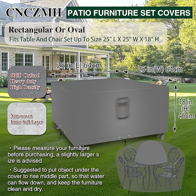 Square Heavy Duty Patio Table Covers Waterproof, 600D Outdoor Dining Table and Chair Set Covers, Outdoor Furniture Cover Waterproof for Sectional Sofa Couch 25''L x 25''W x 18''H, Grey