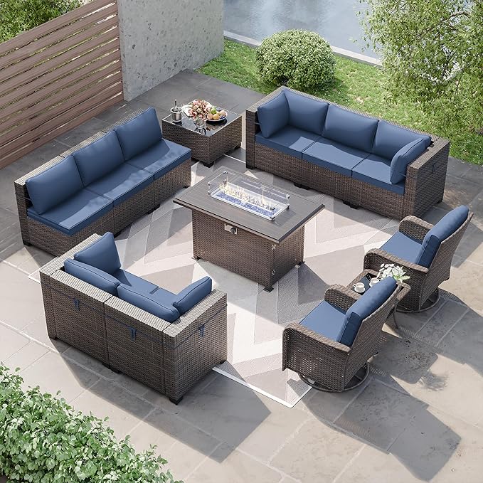 Patio Furniture Sectional Sofa Set 13-Pieces PE Rattan Swivel Rocking Chairs Patio Conversation Set w/43in Gas Fire Pit Table, Outdoor Furniture with Coffee Table, Navy Blue