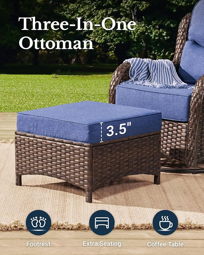 HILLGA Luxury 5PCS Outdoor Swivel Rocker Patio Chairs of 2 with 6 Inch Thick Cushions and Side Table, All Weather Outdoor Chairs High Back Wicker Patio Furniture Set for Porch and Deck, Blue