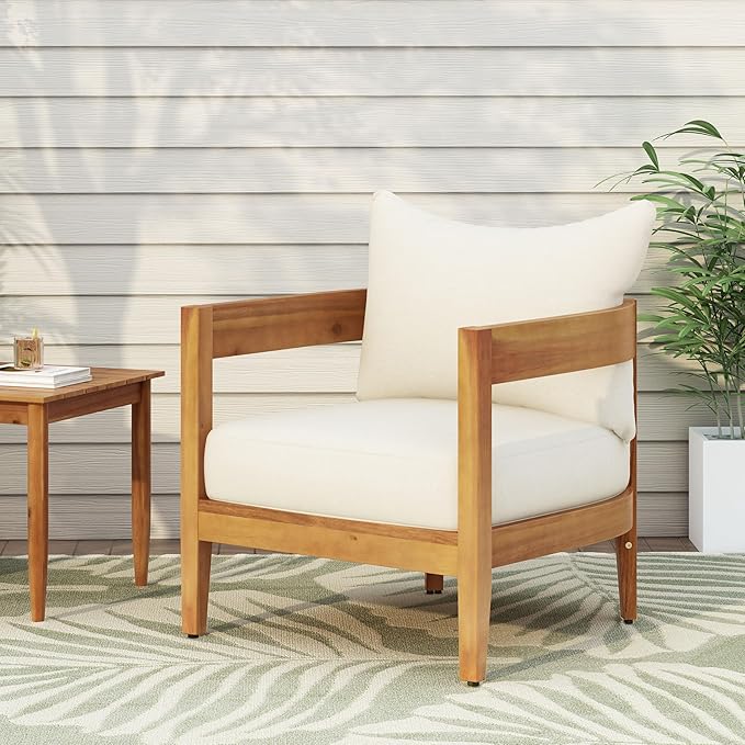 Merax Outdoor Acacia Wood Frame Single Chair with Cushions for Patio,Garden