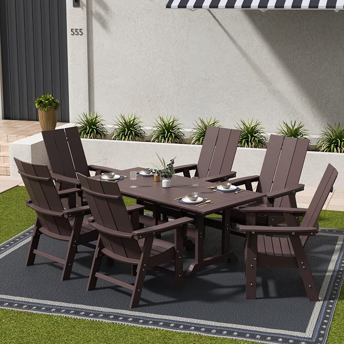 WestinTrends Ashore 7 Pieces Adirondack Outdoor Dining Set, All Weather Poly Lumber Slatted Modern Farmhouse Outdoor Furniture Set, 71" Trestle Dining Table and 6 Adirondack Dining Chair, Dark Brown