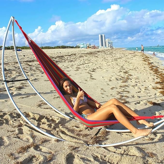 Single Person Rainbow Cotton Fabric Canvas Travel Hammocks 500lbs Ultralight Camping Hammock Portable Beach Swing Bed with Carrying Bag for Outdoors and Indoors