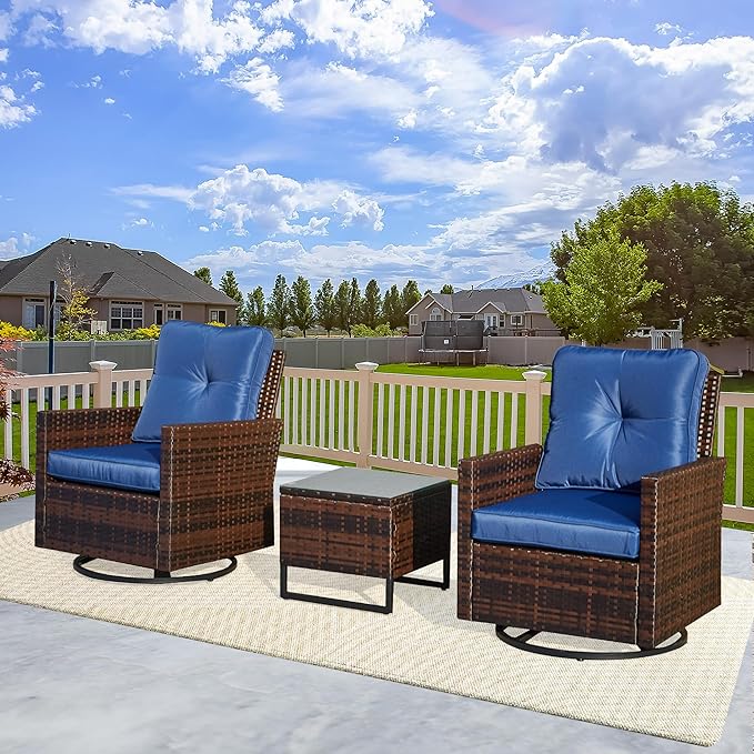 AVAWING 3 Pieces Patio Bistro Set, Wicker Swivel Glider Chairs with Tempered Glass Side Table, Patio Chair Set with Waterproof Blue Cushions for Garden, Balcony and Porch
