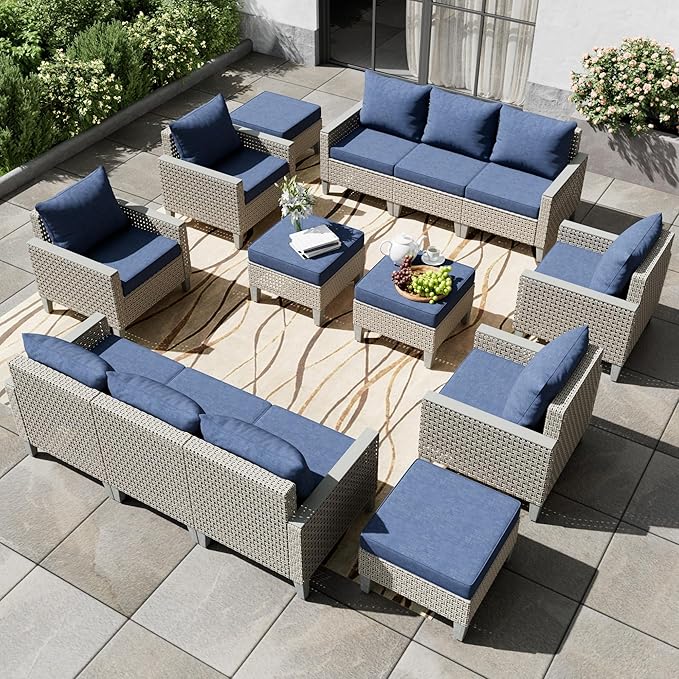 Outdoor Patio Furniture Set 14-Piece Modular Wicker Sectional Sofa with Ottomans and Thick Cushions, Modern Rattan Outdoor Conversation Couch for Garden Backyard, Navy