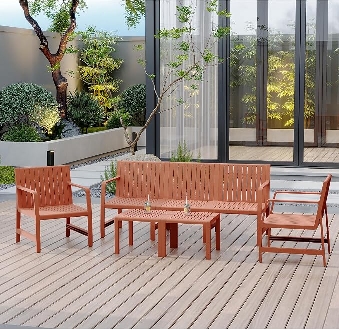 KEIKI 5 PC Outdoor Indoor 3-Seater Sofa,2 Chairs and 2 Coffee Tables PP Furniture Set Easy Assembly for Patio