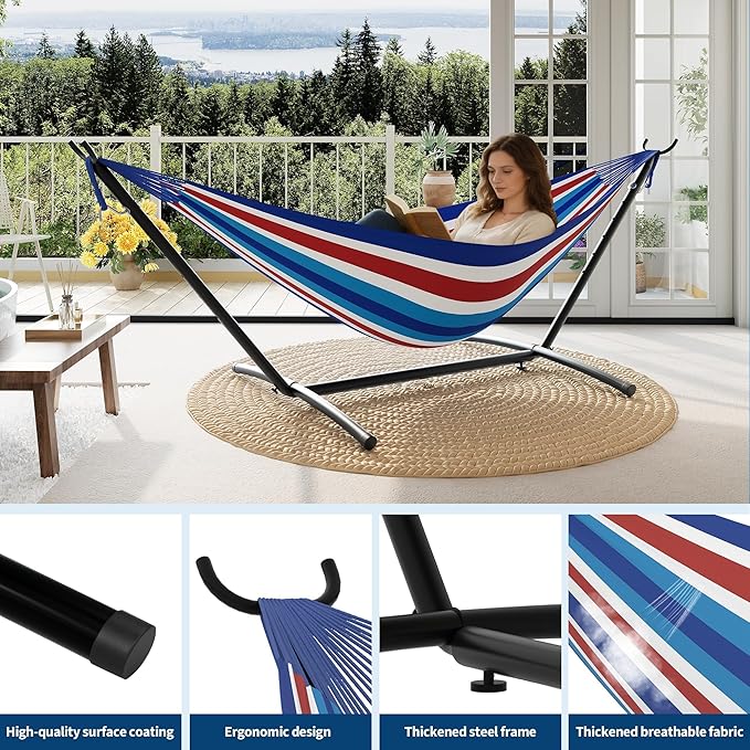 Double Hammock with Stand for Outside, 2 Person Heavy Duty Hammocks for Indoor Outdoor Patio with Carrying Bag, 450 Lbs Capacity, Space Saving Heavy-Duty Steel Stand