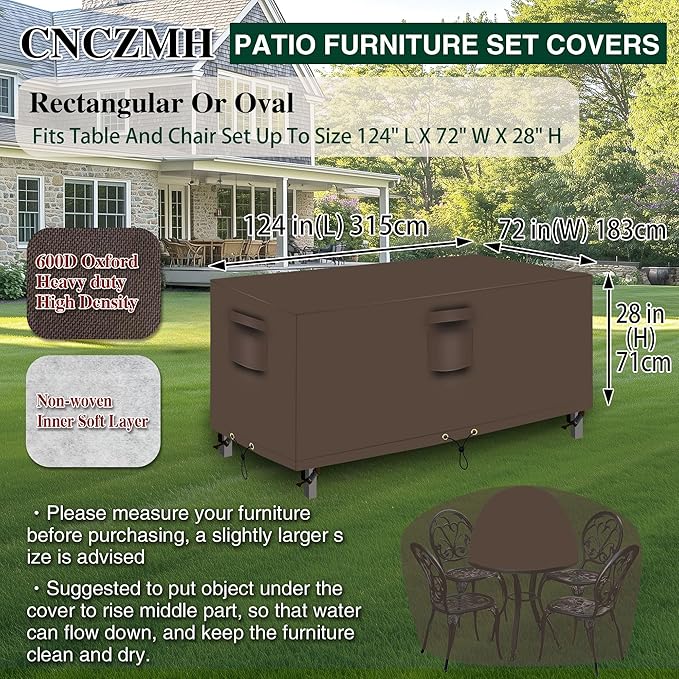 Heavy Duty Patio Furniture Covers Waterproof, 600D Outdoor Furniture Cover Waterproof for Sectional Sofa Couch, Outdoor Dining Table and Chair Set Covers 124''L x 72''W x 28''H, Brown