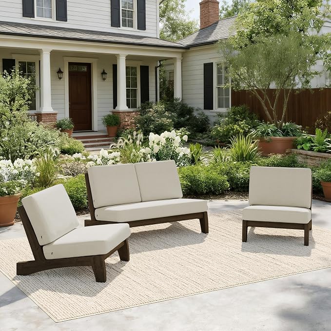 Pia Ricoo 4 Piece Patio Furniture Sets, Outdoor Loveseat Sofa Set with 2 Chairs & Coffee Table, Patio Conversation Set for Backyard, Deck, Lawn, Light Camel