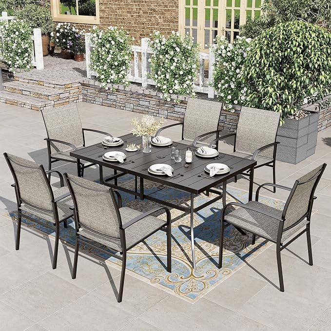 HERA'S HOUSE 7 PCS Patio Dining Set, All-Weather Outdoor Table Chairs Set, 6 x Patio Dining Chairs, Rectangular Metal Table with Umbrella Hole for Yard Garden Porch Deck (Brown)