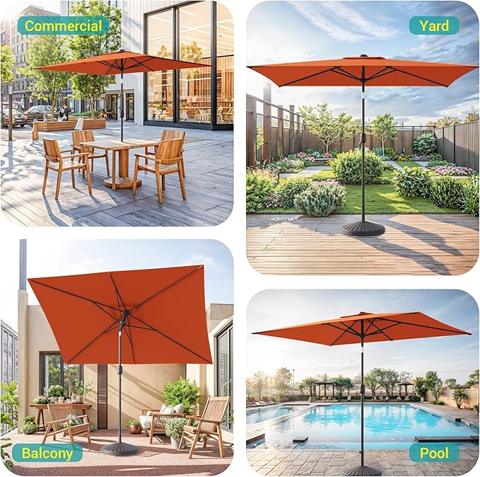 Rectangle Patio Umbrella with Solar Lights, 6x9ft Outdoor Rectangular Table Market Umbrella Patio with Push Button Tilt and Crank for Pool, Deck, Garden,Backyard