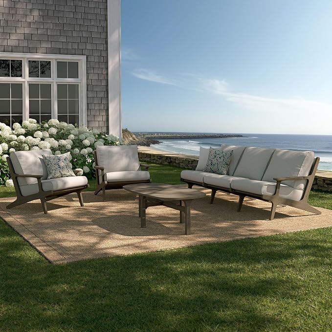 Modway Saratoga 4-Piece Teak Wood Outdoor Furniture Set in Weathered Gray Pebble - Patio Conversation Set with Sofa, 2 Armchairs, and Coffee Table