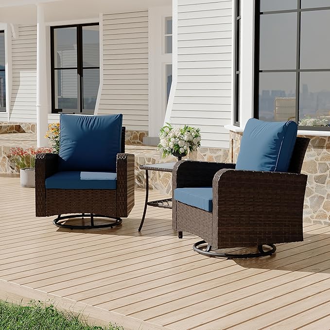 HOMREST 3 Piece Outdoor Swivel Chairs -All Weather Wicker Patio Bistro Table and Chairs Set of 2 Small Patio Furniture Set for Balcony Porch Deck Backyard (Navy)