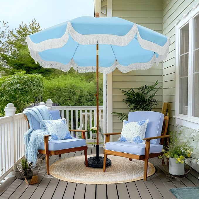 PHI VILLA 7ft Fringe Beach Umbrella with Sand Anchor, Outdoor Patio Portable Beach Umbrella for Sand with Tassels, Push Button Tilt & Carrying Bag, UPF 50+, Light Blue