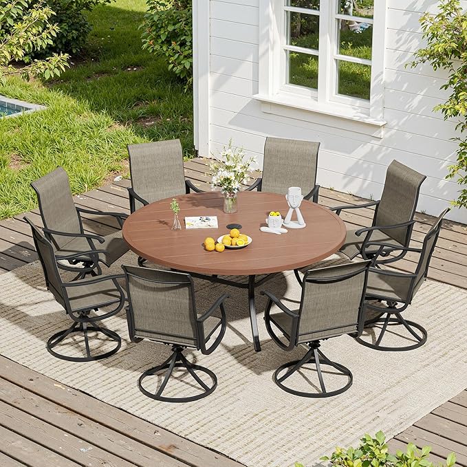 VICLLAX 9 Pieces Outdoor Dining Set, Patio Furniture Set of 8 Patio Swivel Dining Chairs and 60" Patio Round Table, Mixed Brown Chairs & Walnut Tabletop