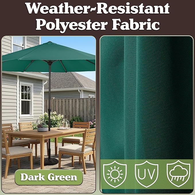 Pure Garden 9FT Round Patio Umbrella with 19lb Weighted Base - Easy Crank, Vented Canopy Outdoor Umbrella for Shade - For Deck, Balcony, Porch, Backyard, or Pool (Dark Green)