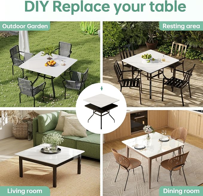 Square Table Top, 35.4” White Sintered Stone Tabletop, DIY Replacement & Cover Marble Desktop, Scratch & Wear Resistant, Suitable for Indoor & Outdoor