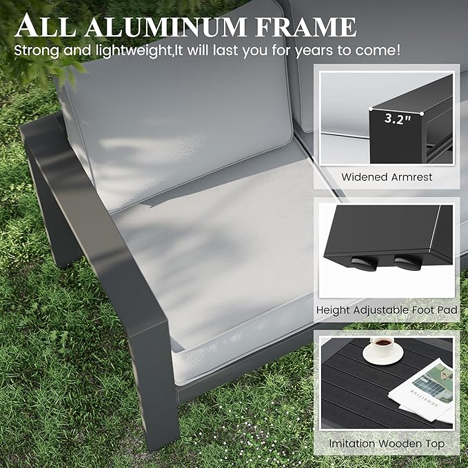 Aluminum Patio Furniture with Fire Pit Table, 6 Piece Outdoor Set, Waterproof Covers for Backyard Garden (Dark Grey & Light Grey)