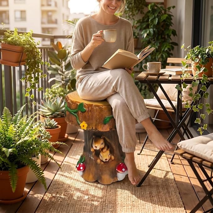 Resin Squirrel Tree Stump Stool – 12.6" Whimsical Garden Seat & Side Table | Outdoor & Indoor Decorative Chair for Patio, Backyard, Fairy Garden, Kids Room | Weather-Resistant Forest Figurine Decor