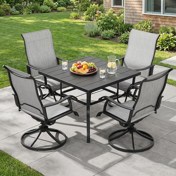 NUU GARDEN 5-Piece Patio Dining Set with Umbrella Hole, 4 High-Back All-Weather Textilene Swivel Chairs, Outdoor Furniture for Backyard, Poolside and Lawn, Black and Light Gray