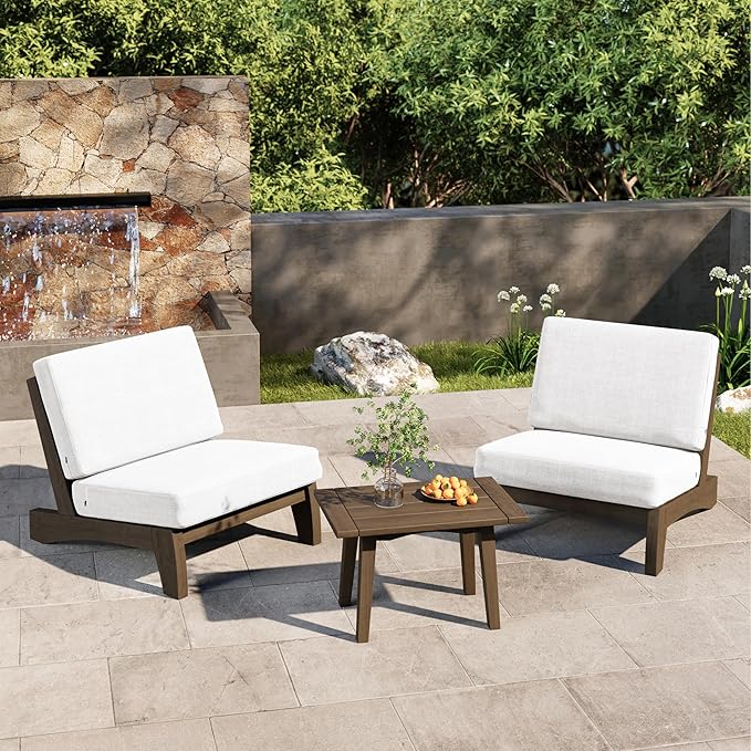 6 Piece Wood Outdoor Patio Frutnire Set, 7 Seater Patio Conversation Sets with Thick Cushions, Outdoor Sectional Furniture with Coffee Table - Beige