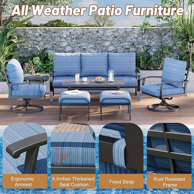 HOMREST Patio Furniture Sets 7 PCS Outdoor Metal Conversation Sets, 360 Degree Swivel Rocking Chairs Patio Conversation Set with Ottomans, Coffee Side Table and 3-Seat Sofa for Garden, Deck, Poolside