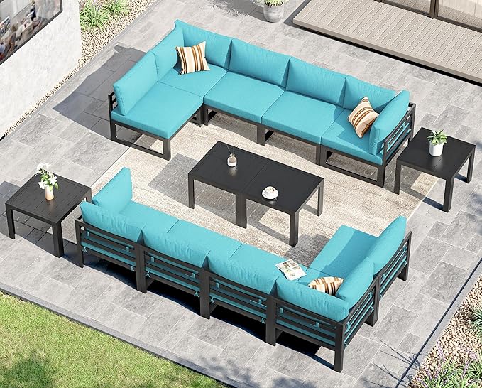 NICESOUL 14 Pcs Aluminum Patio Furniture Set for Large Groups, 500lbs Heavy Duty Outdoor Sectional Sofa with Coffee Table, L Shaped 29" Deep Wide Seating Conversation Couch for Garden Lawn, Turquoise