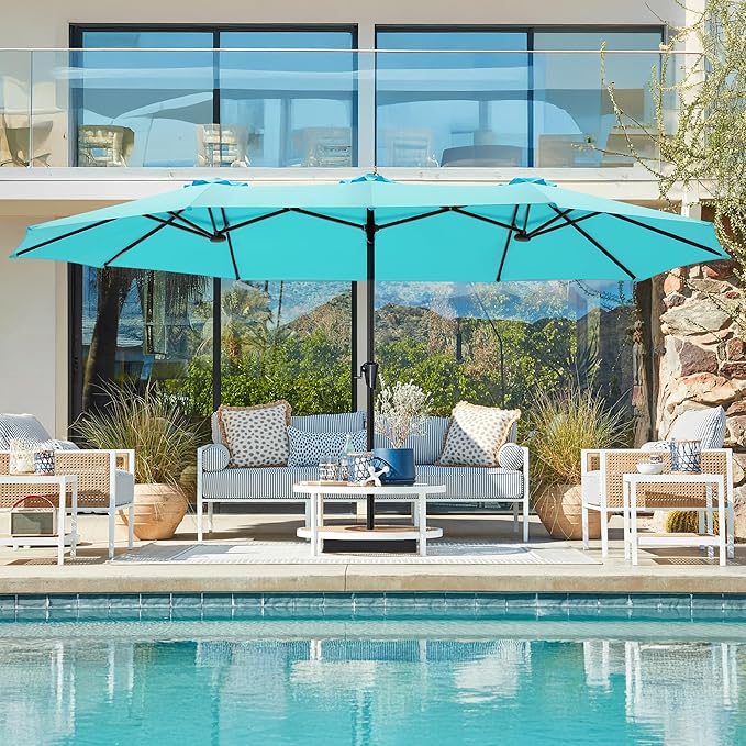 SUPERJARE 15FT Outdoor Patio Umbrella with Base Included, Double Sided Pool Umbrellas with Fade Resistant Canopy, Extra-Large Table Umbrella for Deck, Market, Backyard, Light Blue
