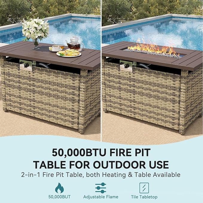 LazySunsets 12 Piece Outdoor Patio Furniture Set with 44'' Fire Pit Table, Wicker Rattan Outdoor Furniture with High Back Swivel Rocker Chairs, Outdoor Sofa Set with Thick Cushions & Ottoman, Grey