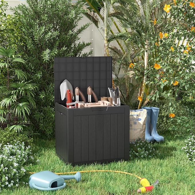 PatioZen 31 Gallon Resin Deck Box, Lockable Patio Outdoor Storage Box for Furniture, Garden Tools and Tools Storage, Waterproof Outside Storage Boxes - Black