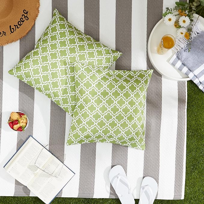 DII Throw Pillow Cover Collection Outdoor Water Repellent Polyester, Reversible, 18x18, Green Lattice, 2 Piece