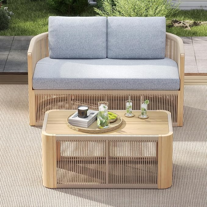 2-Seater Rope Sofa Set with Table, Outdoor Loveseat Patio Rope Chairs Set of 2, Rope Patio Furniture Set, Outdoor Deck Chair with Cushions, Aluminum Outdoor Sofa Sets in All Weather, Grey