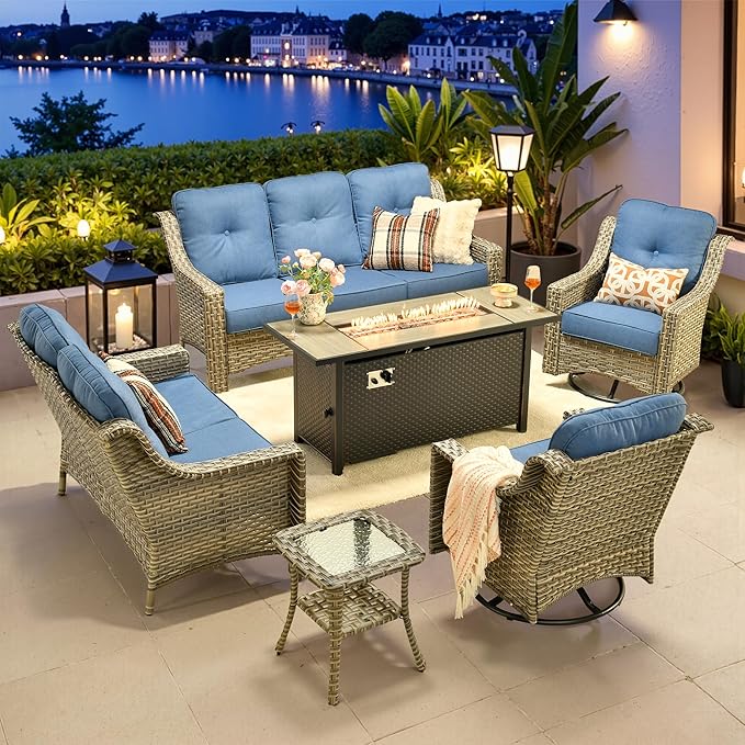 6 PCS Outdoor Patio Furniture Sets,Patio Conversation Sets Outside Rattan Soft Cushion Sofa with 2 Wicker Rocking Chairs & 54 in Fire Pit Table Fit Backyard Porch Garden Poolside Balcony,Diamond Blue