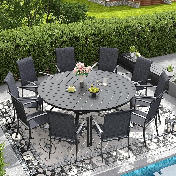 DIFY 11 Pieces Outdoor Dining Set, Metal Patio Table and Chairs Set for 10 with Umbrella Hole, 63" Round Dining Table and Textilene Stackable Patio Chairs for Garden Backyard Poolside, Black