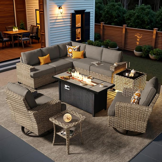 HOOOWOOO Sectional Patio Furniture Set with Fire Pit Table,10 Pieces Wicker Outdoor Furniture L Shaped Couch,Outside Conversation Set Extra Deep Seat Sofa Wide Arm Swivel Chairs Solar Table,Dark Gray